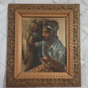 Rustic Portrait Painting in Brown and Blue